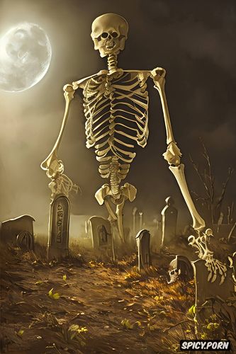 haunted graveyard at night, moonlight, scary glowing walking human skeleton