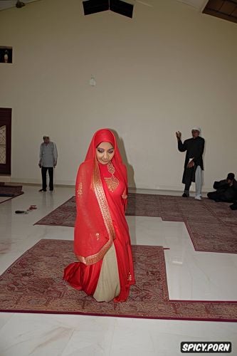 blowjob, beautiful face, old aged indian hindu man, indian teen muslim wife wearing hijab and islamic bridal dress