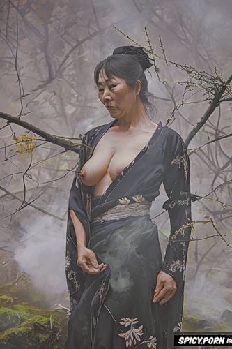 fat hips, lifting one knee, smokey, small perky breasts, old japanese grandmother