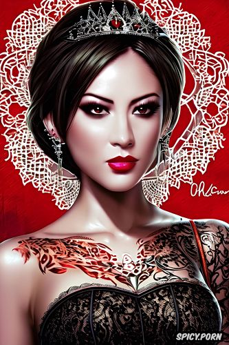 tattoos masterpiece, ultra detailed, ada wong resident evil beautiful face young tight low cut black lace wedding gown tiara