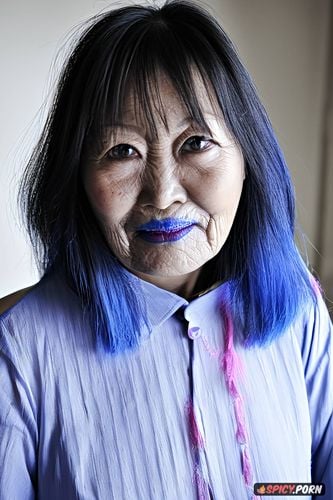 hair color blue, lipstick color pink, pov, face photo 90 year old mongolian woman with round facial features and high cheekbones