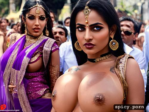 2 busty indian tamilian milf topless, shy, detailed eyes and face