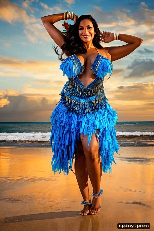 color photo, 45 yo beautiful tahitian dancer, performing, extremely busty