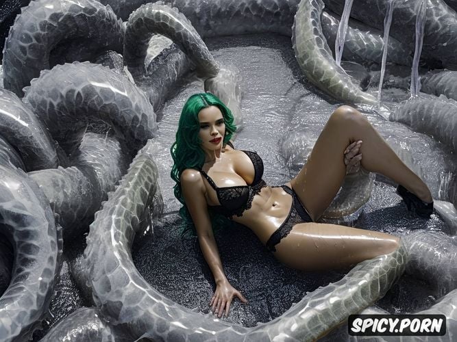 green hair, lace lingerie, thighs, panting, copulation in shallow pool
