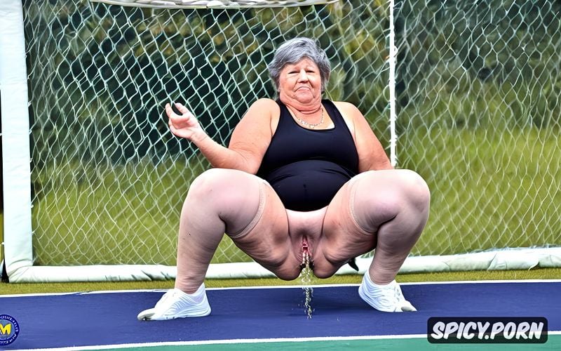 squatting, obese fat, spectators looking, wide open pussy pissing on the ground