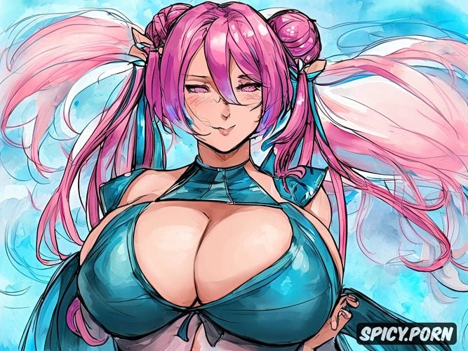 gigantic ass, colossal saggy boobs, blue and pink hair dyed