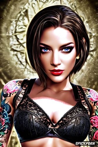 tattoos masterpiece, k shot on canon dslr, ultra detailed, jill valentine resident evil beautiful face young tight low cut black lace wedding gown