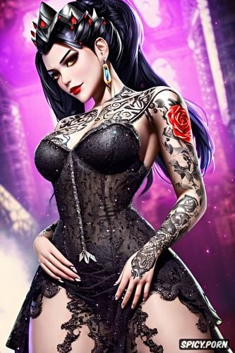 ultra realistic, widowmaker overwatch beautiful face young tight low cut black lace wedding gown tiara