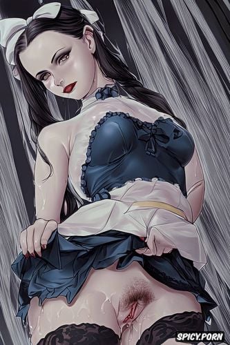 wet see through, sharp details, dark blue frilly dress, tits