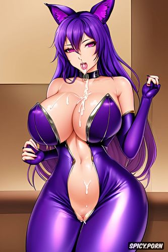 covered in cum, ahegao face, purple hair, stunning face, red latex catsuit