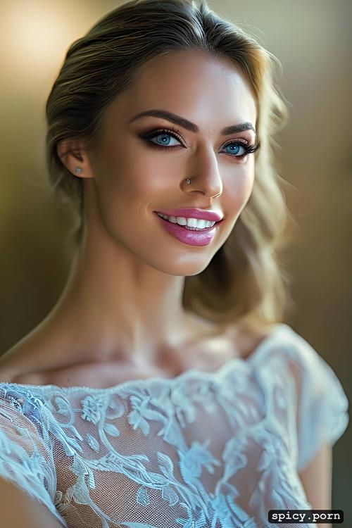 true looking white glossy teeth, woman, full matt lips detailed