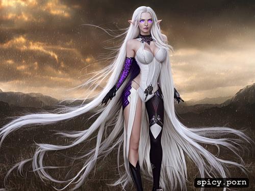 purple eyes, long straight white hair, perfect slim albino female elf