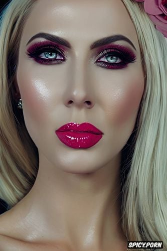 overlined lip liner, huge pumped up lips, face closeup, shiny glossy lips