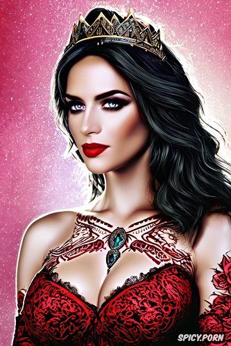 ultra realistic, yennefer of vengerberg the witcher beautiful face young tight low cut red lace wedding gown tiara