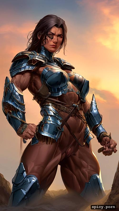 nude muscle woman in small battle armor, ultra detailed, battle