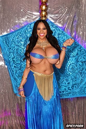 massive saggy melons, gold and silver and colorful jewelry, extremely long wavy dark hair