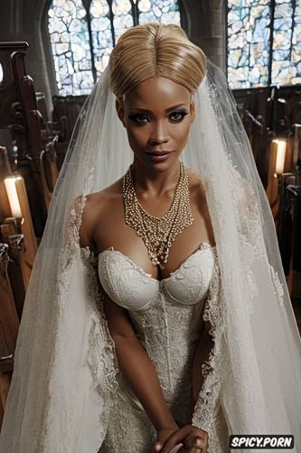 fit body, african, wife attached to an easel, wedding dress