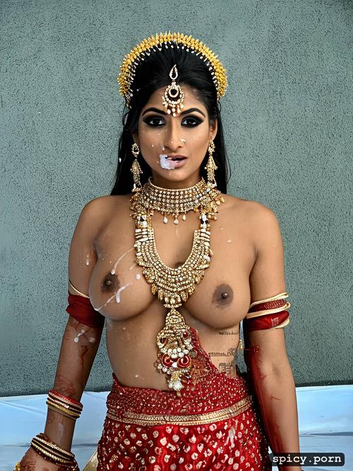 realistic human, the two beautiful indian bride high makeup in beach and get slapped by a man dick over his face and get huge cum all over her face