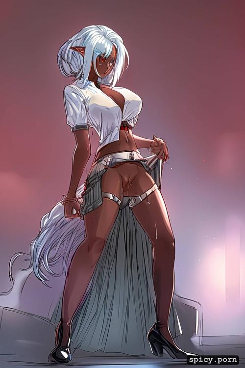 white hair, sultry look, long loose hair, beautiful composition