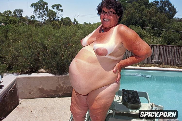 naked, extremely obese, loose skin, tan lines1 3, freckles, gilf