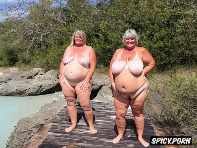 cellulite, huge veiny breasts, sandy beach, tan lines, big fat belly
