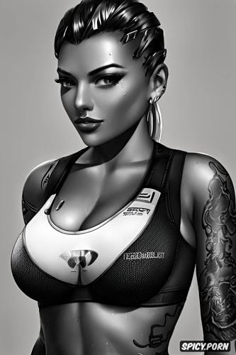 sombra overwatch beautiful face tight black yoga pants skin tight black sports bra tattoos milf