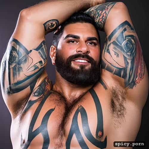 super hung, caucasian man, mexican, stocky, tattooed arms, beautiful face