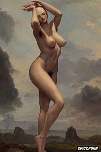 realistic, big areolas, long tibia, nude, large hands, spreading her legs