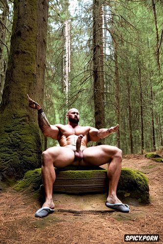 perfect face medium shot, strong nordic man sitting in forest