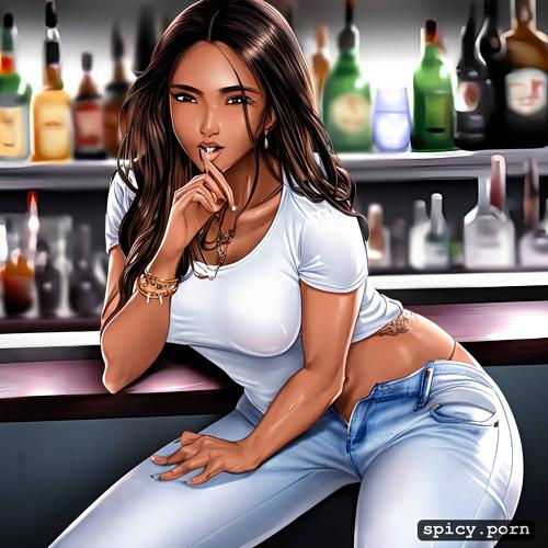 detailed face, orgasm, thai teen sitting in bar, dark skin, fully clothed in tight white tshirt and jeans
