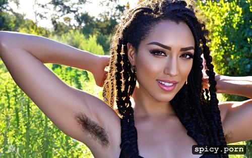 braided, showing armpits with ultra hairy black armpits, black pubes