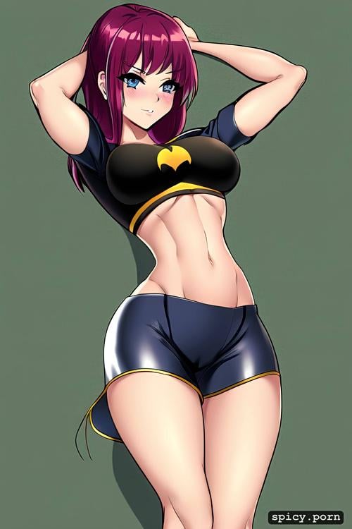 batgirl, tight shirt, innie bellybutton, dominant, low waisted shorts