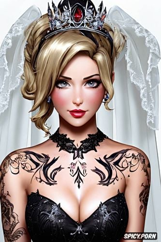 mercy overwatch beautiful face milf tight low cut black lace wedding gown tiara