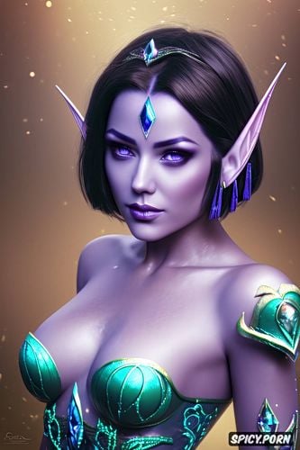 fantasy princess high elf beautiful face purple skin tone short dark hair in a bob cut tattoos royal elven armor tiara topless tits out forest meadow portrait masterpiece