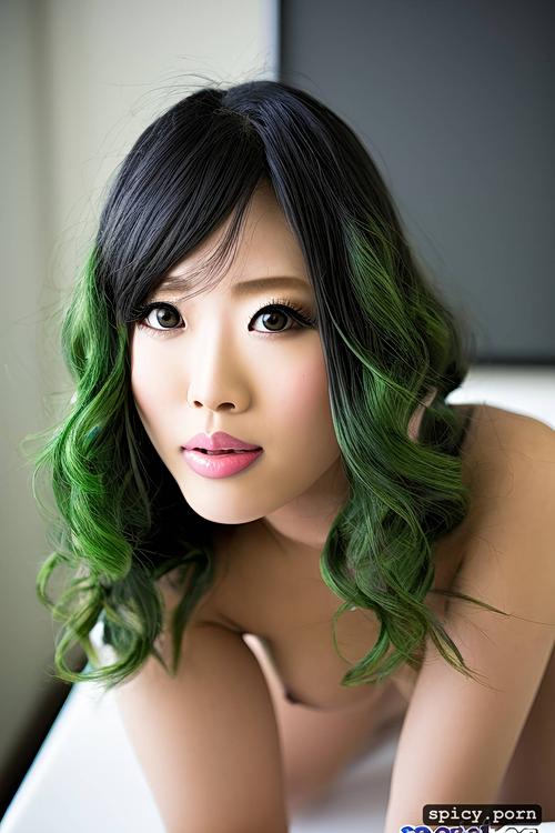 hot body, japanese female, short, green hair, curly hair, ninja