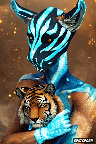 tiger holding gigantic blue diamond, kangaroo holding dot painting and legbone