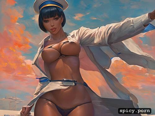 black woman, natural big boobs, air hostess hat exposed nipples seductive expression