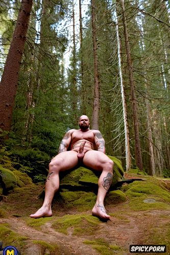 big body, tattoos, correct anatomy, strong nordic man sitting in forest