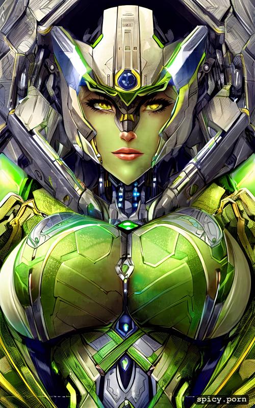 vibrant, female, intricate, yellow and green colors, strong warrior robot
