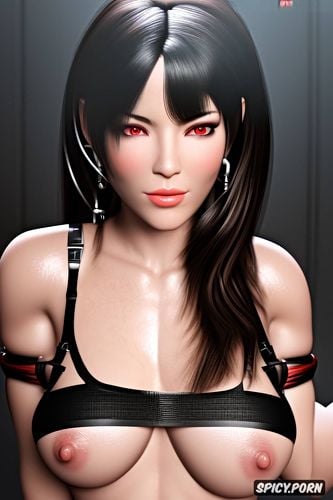 portrait, tifa lockhart final fantasy vii remake beautiful face milf full lips topless tits out red ropes criss crossing upper body bondage slut no makeup shy