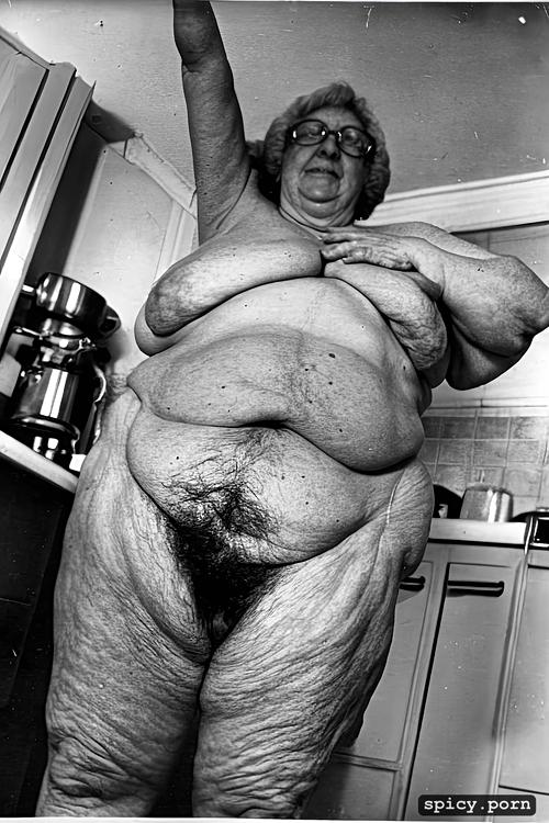dominant obese british granny, solo, natural light, 80yo, heavy makeup