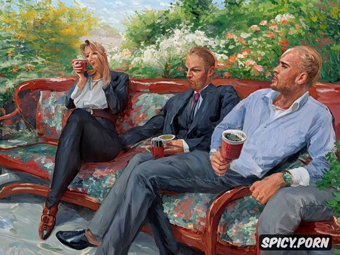 garden, tongue out, husband and wife on couch, drinking coffee
