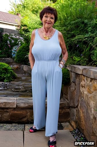 wearing one piece jumpsuit, gilf, jewelry, belly, background patio