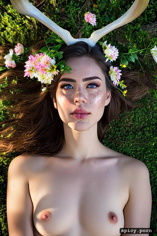 antlers, fully nude, small tits, cum on tits, flowers in hair