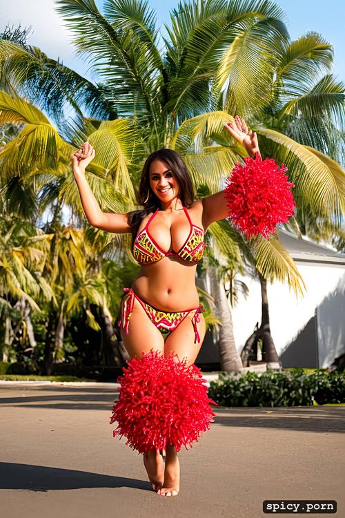 performing on stage, intricate beautiful hula dancing costume with bikini top