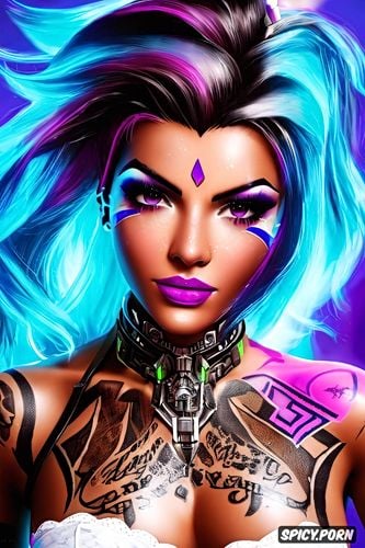 slutty lingerie, ultra realistic, ultra detailed, tattoos, sombra overwatch beautiful face full body shot