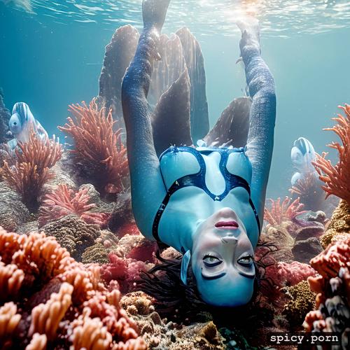 gorgeous symetrical face, kate winslet as blue alien from the movie avatar kate winslet swimming underwater near a coral reef wearing tribal top and thong