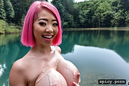pink hair, lake, dominatrix, huge breasts, bobcut hair, coverd in cum