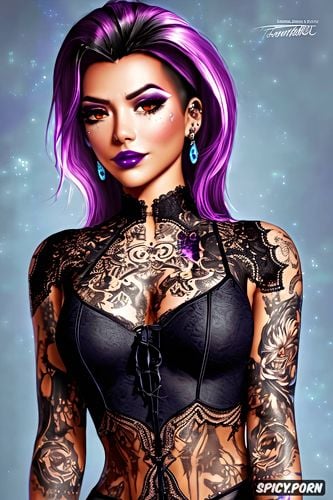 tattoos masterpiece, ultra detailed, sombra overwatch beautiful face young tight low cut black lace wedding gown