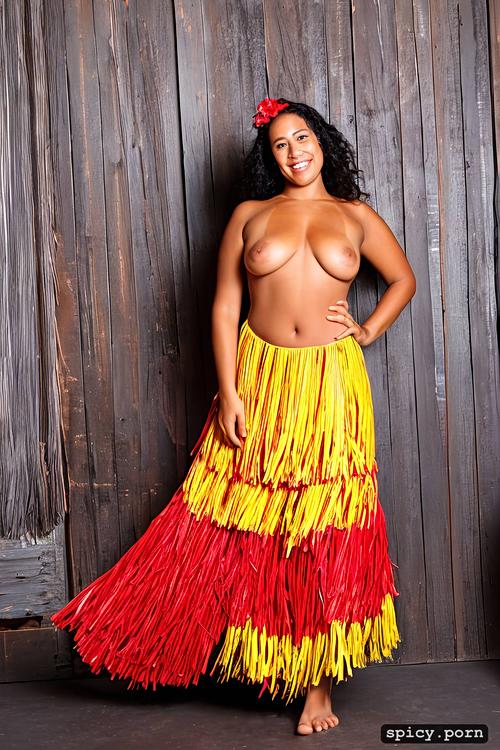 giant hanging boobs, color portrait, intricate beautiful hula dancing costume